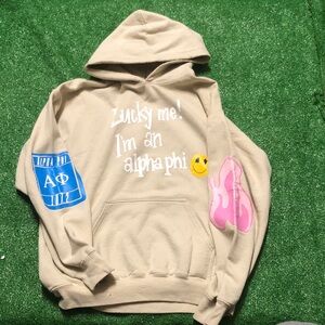 Gildan Tan Hoodie with Blue and Pink Graphics